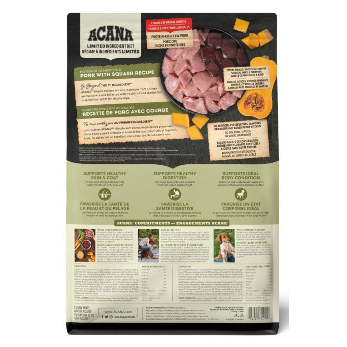 A back view of Acana Singles Limited Ingredient Diet Recipes Pork with Squash Dog Food on a white background