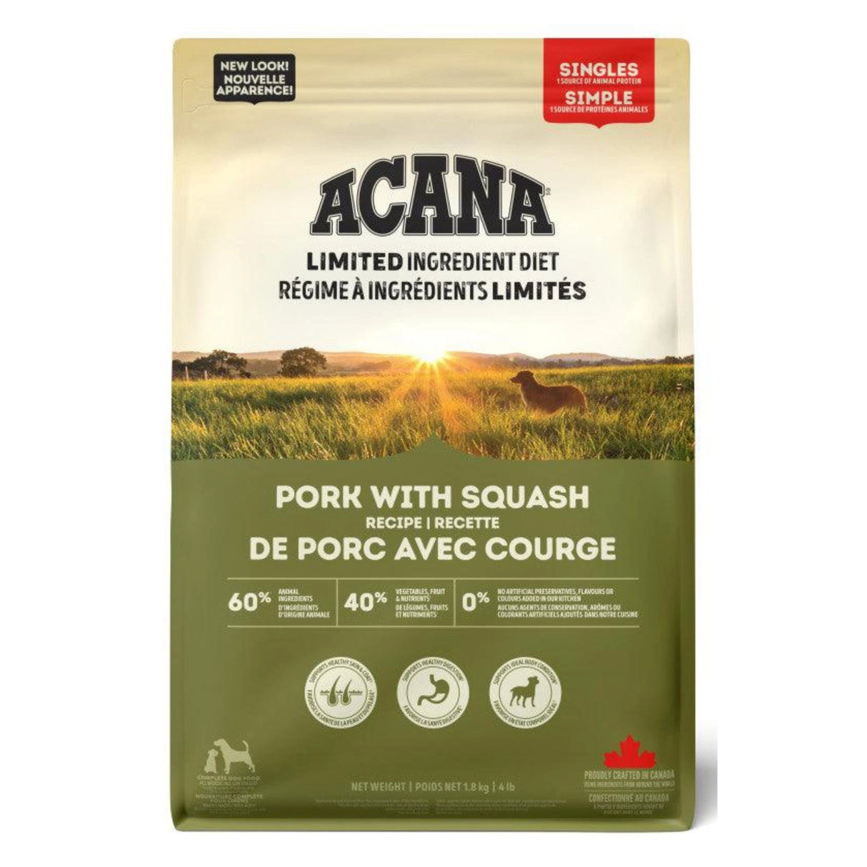 A front view of Acana Singles Limited Ingredient Diet Recipes Pork with Squash Dog Food on a white background