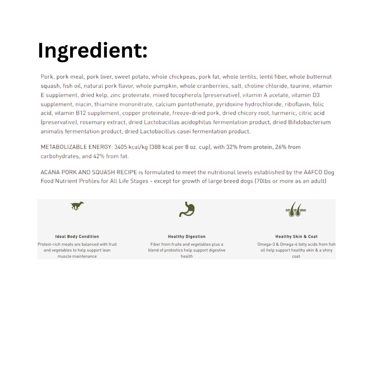 A list of ingredients for Acana Singles Limited Ingredient Diet Recipes Pork with Squash Dog Food, displayed with icons