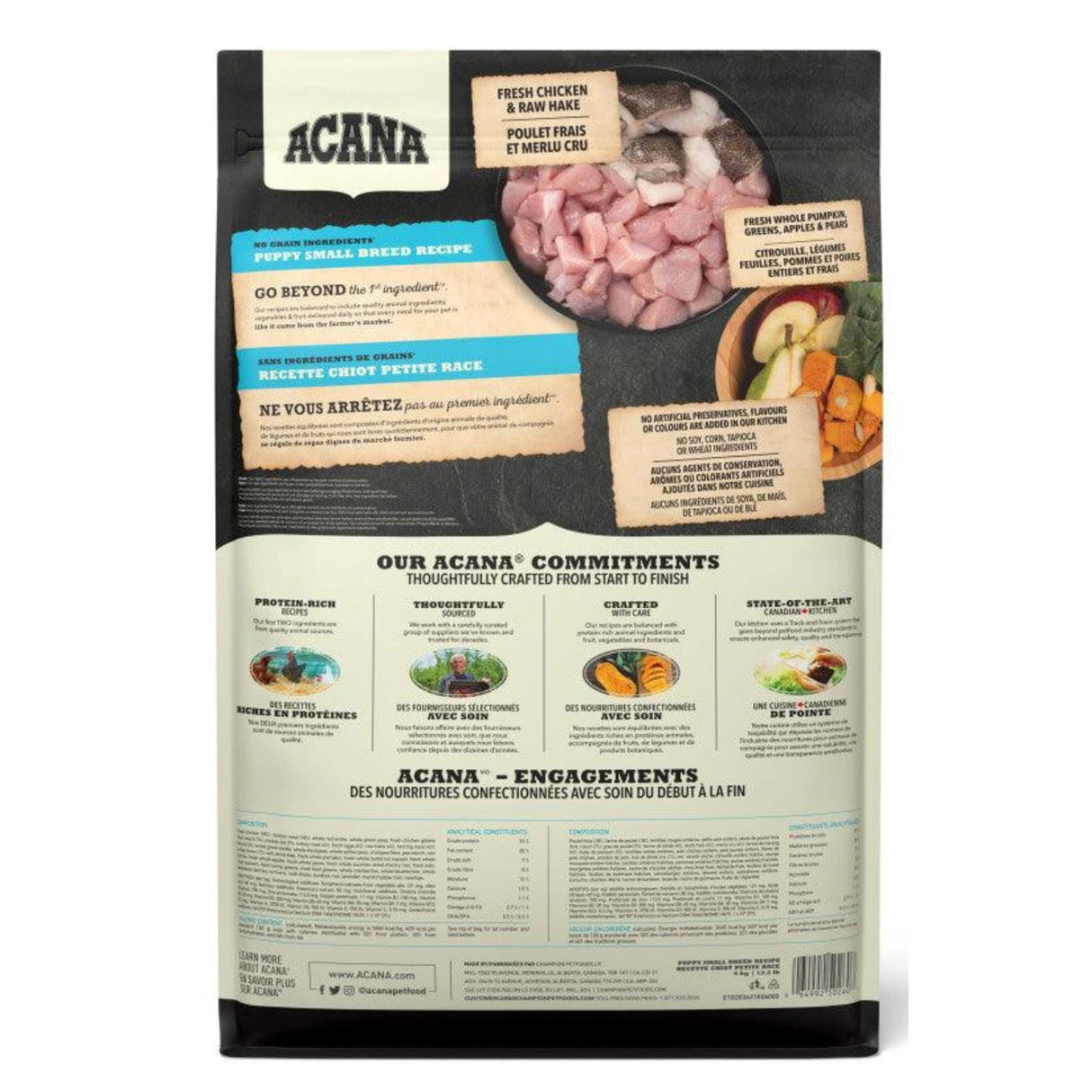 Back view of Acana Small Breed Puppy Recipe Chicken Dog Food on a white background