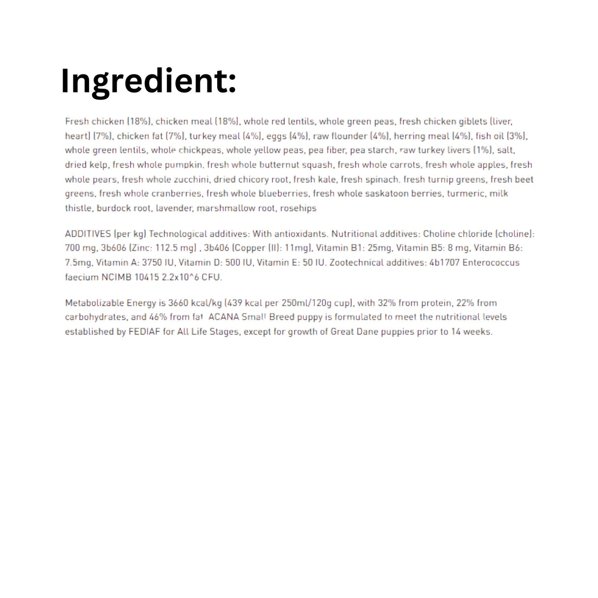 List of ingredients in Acana Small Breed Puppy Recipe Chicken Dog Food