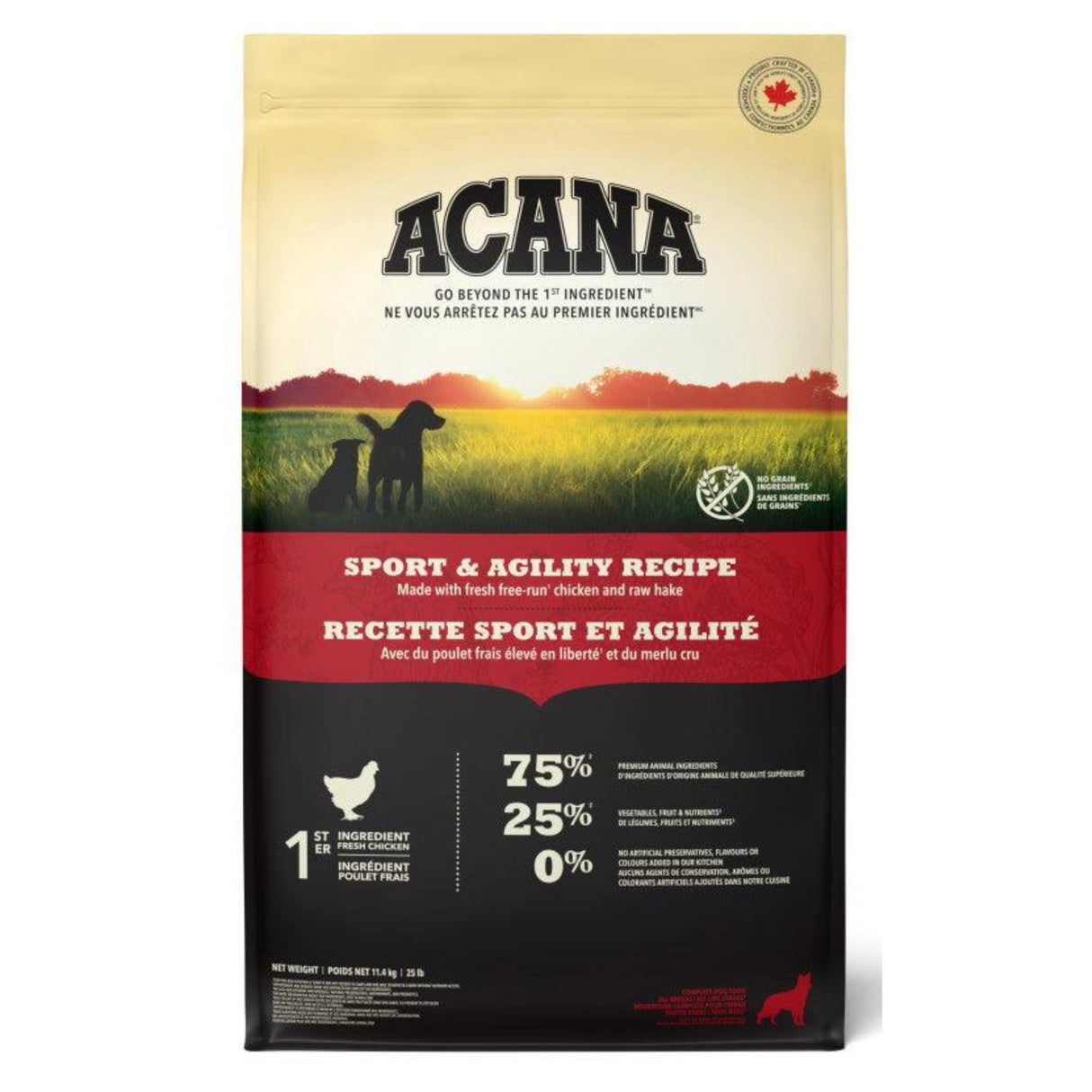 A front view of Acana Sports and Agility Recipe Chicken Dog Food on a white background