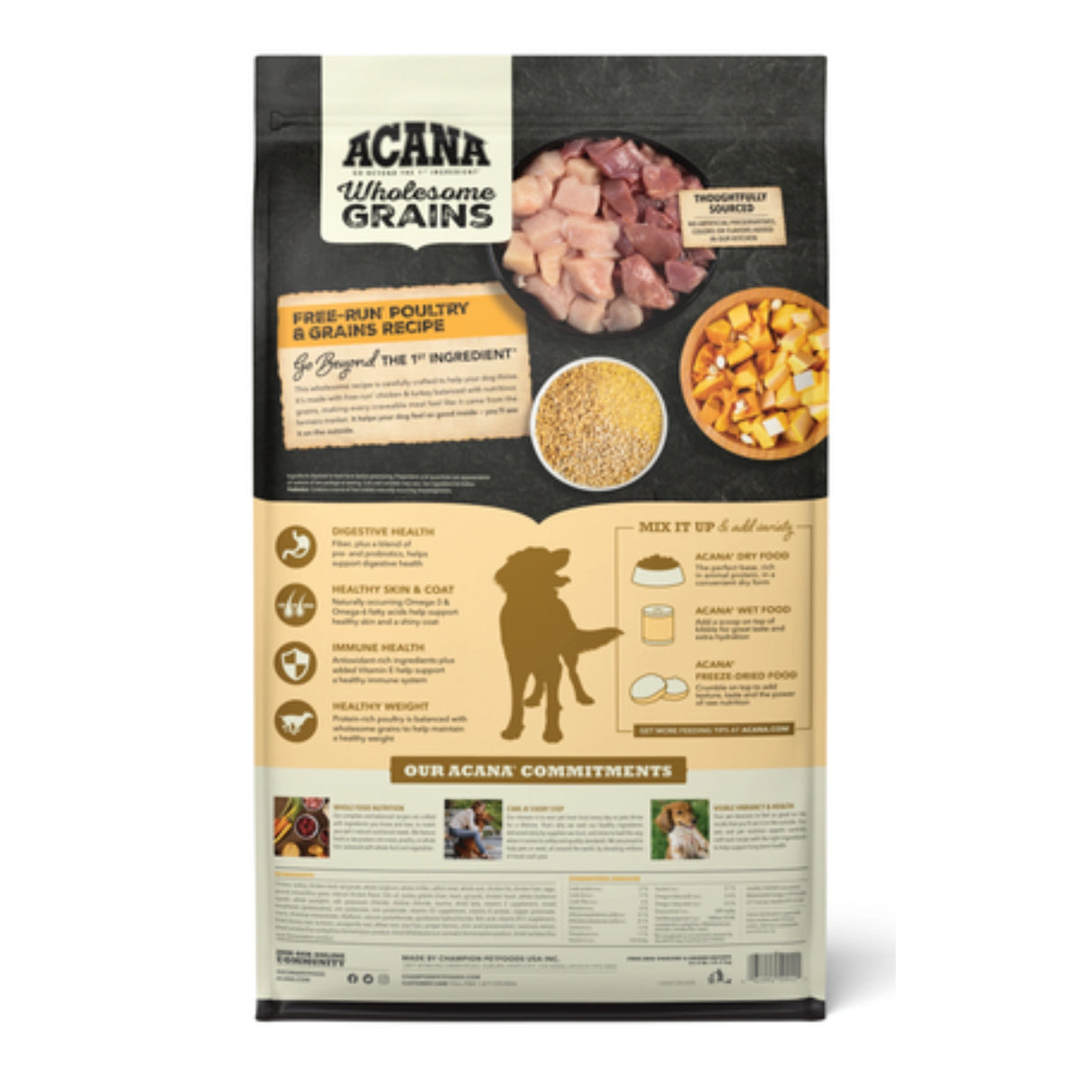 A back view of Acana Wholesome Grains Free-Run Poultry and Grains Dog Food on a white background