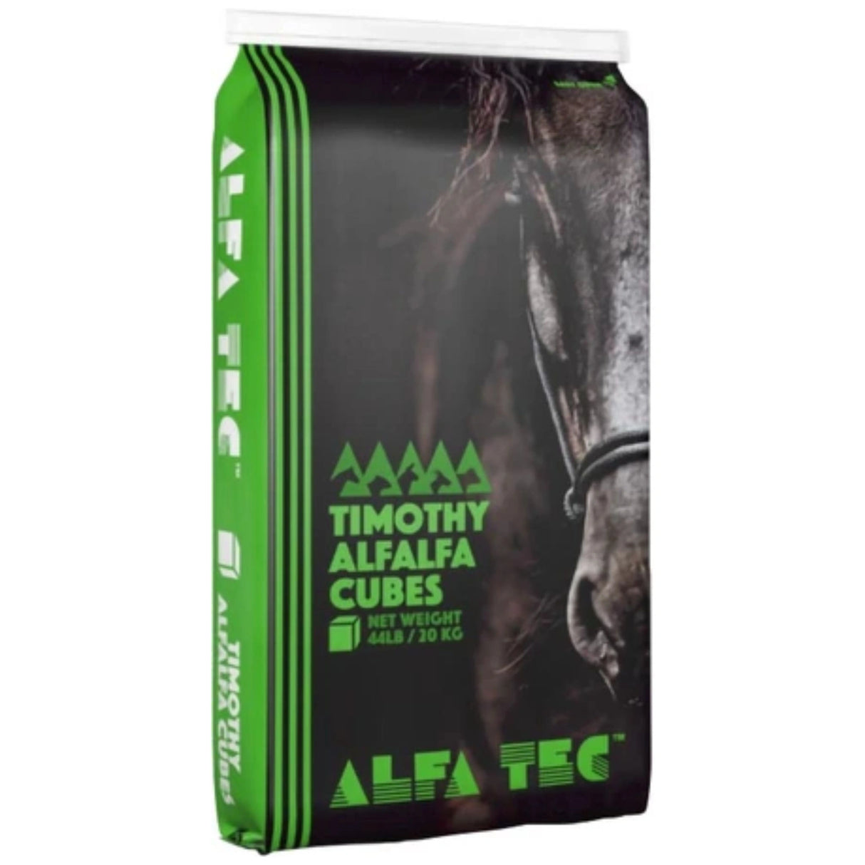 Front view of Alfa Tec Timothy Alfalfa Cubes horse feed bag on a white background