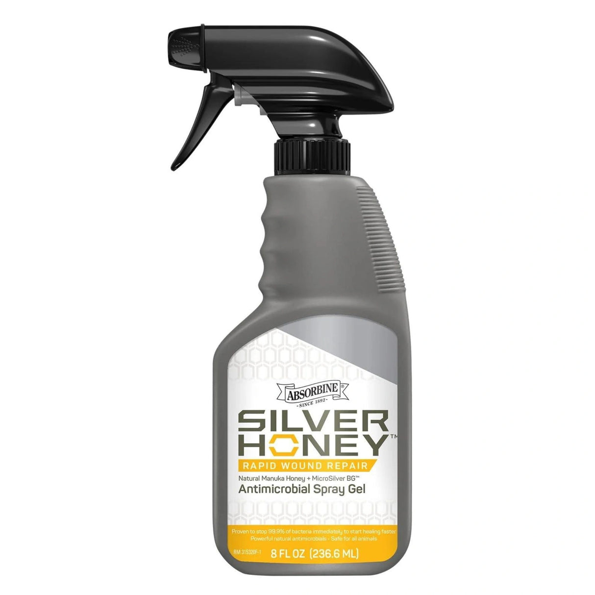 Side view of Absorbine Antimicrobial Spray Silver Honey Rapid Wound Repair Spray Gel 8 oz on a white background