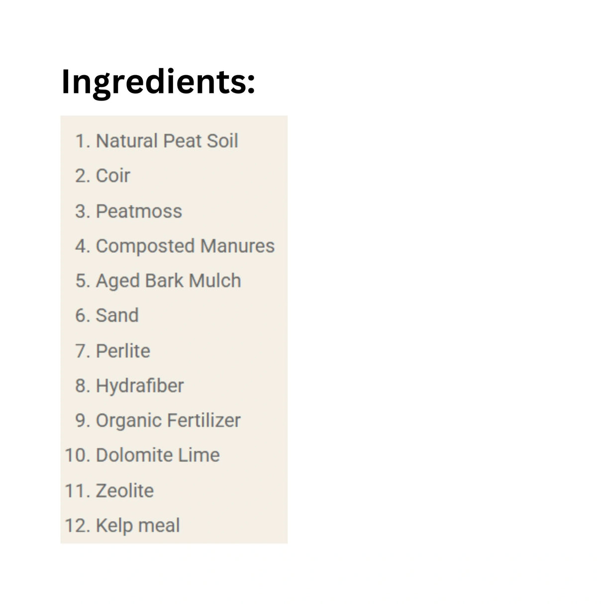 List of Ingredients of Cinnabar Valley Farms Premium Organic All Purpose Potting Soil 20L