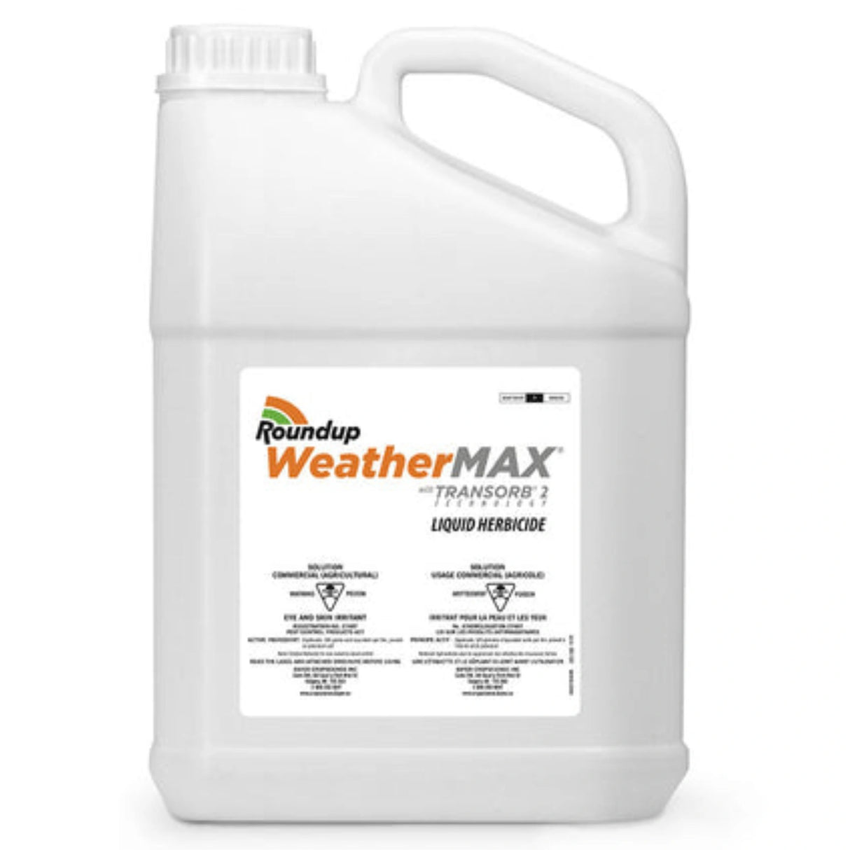 A front view of Bayer Roundup WeatherMAX herbicide 10L on a white background