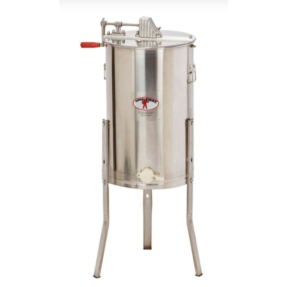 Front view of Little Giant Beekeeping Supplies 2-Frame Stainless Steel Extractor on a white background
