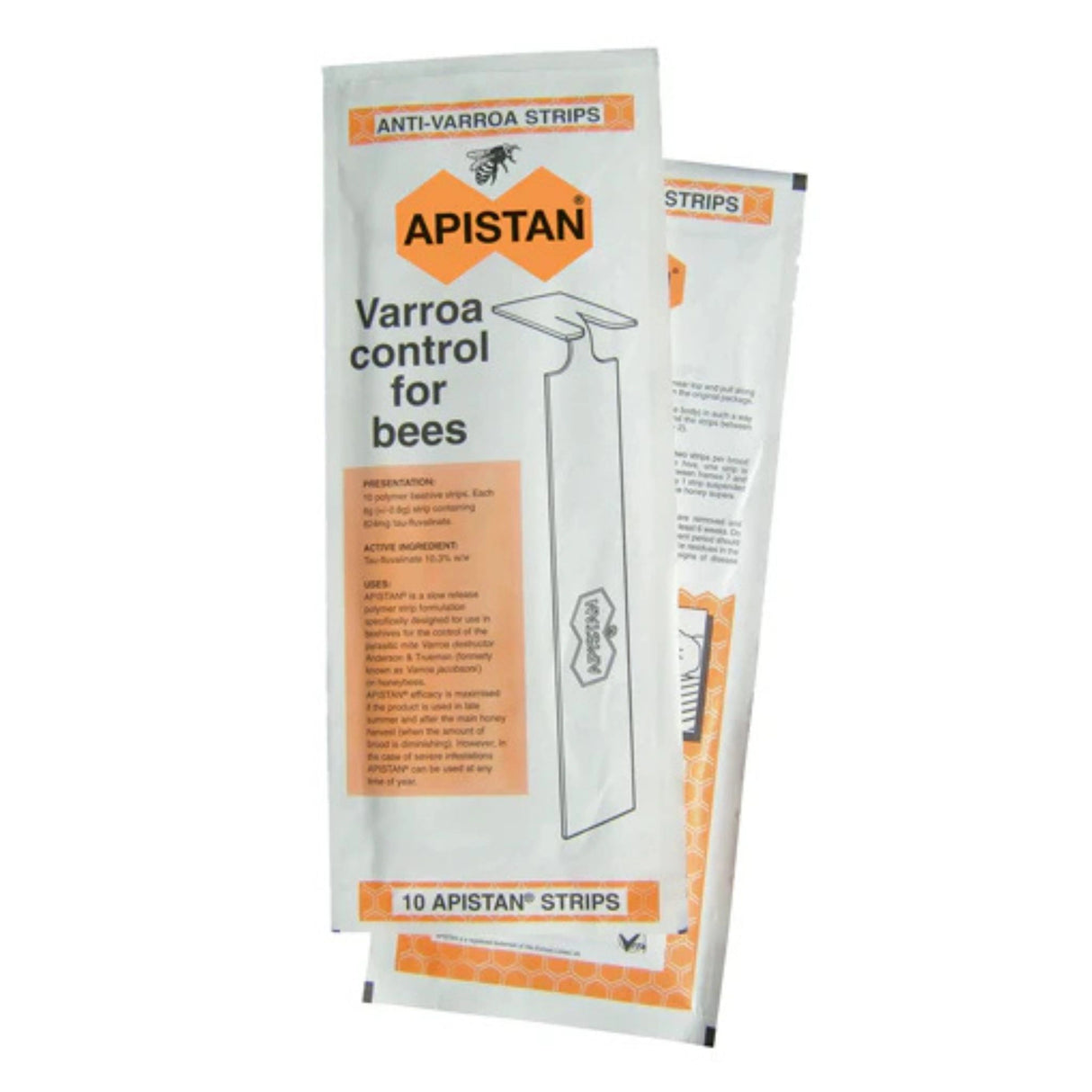 A front view of Apistan Anti-Varroa Mites Strips on a white background