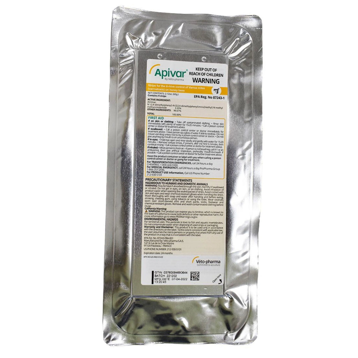 A front view of Veto-Pharma Apivar Strips Pack of 4 on a white background