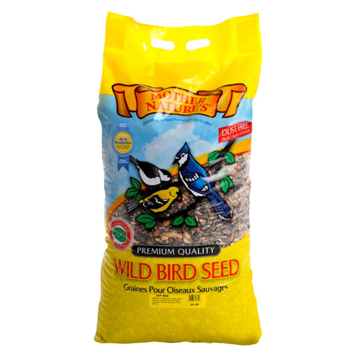 A front view of Mother Nature's Bird Seed Jay and Woodpecker Mix on a white background