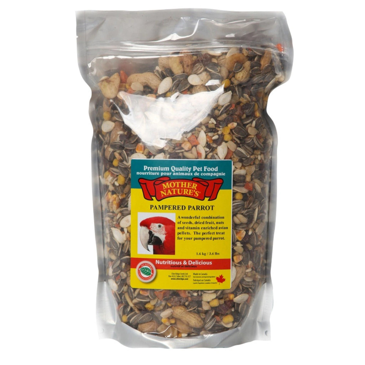 A front view of Mother Nature's Bird Seed Pampered Parrot on a white background