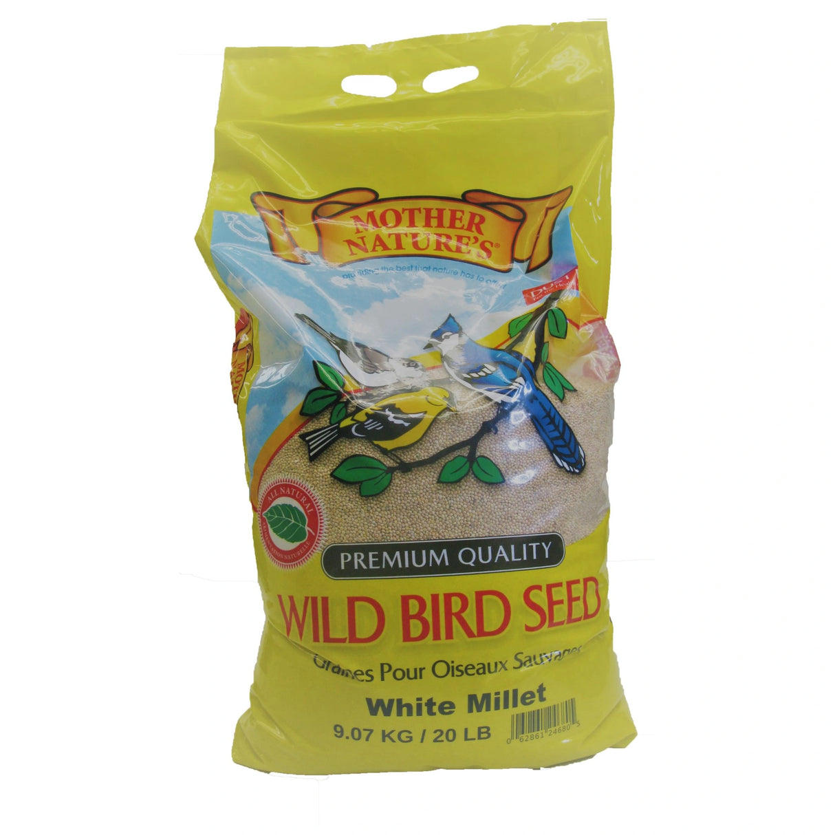 A front view of Mother Nature's Bird Seed White Millet on a white background