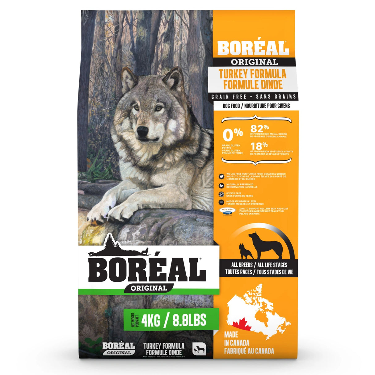 Front part of a bag of Boreal Original Turkey on a white background