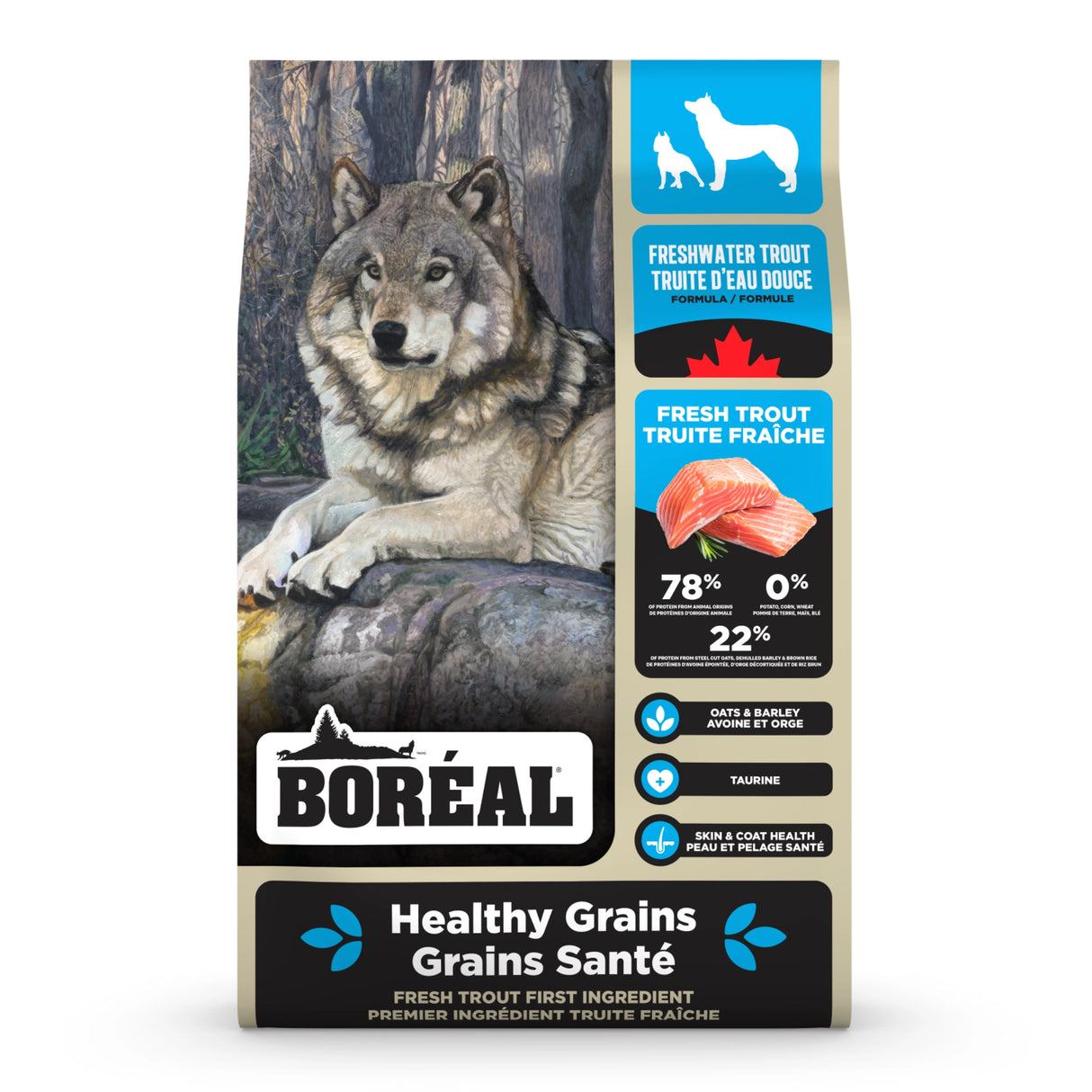 Front part of a bag of Boreal Freshwater Trout on a white background