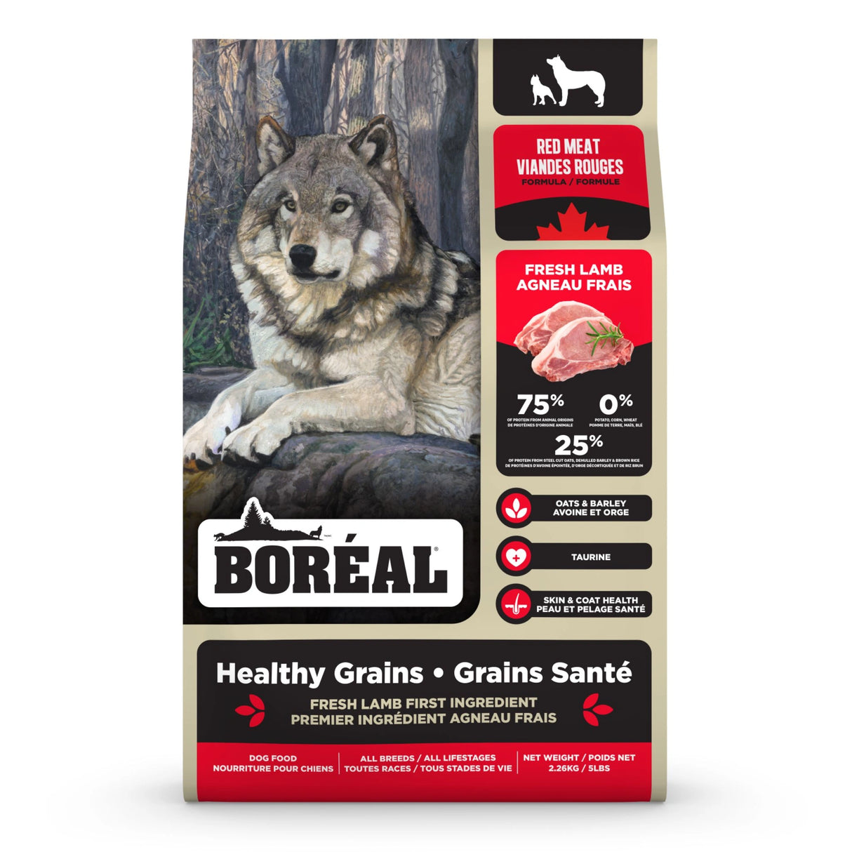 Front part of a bag of Boreal Red Meat Dog Food on a white background