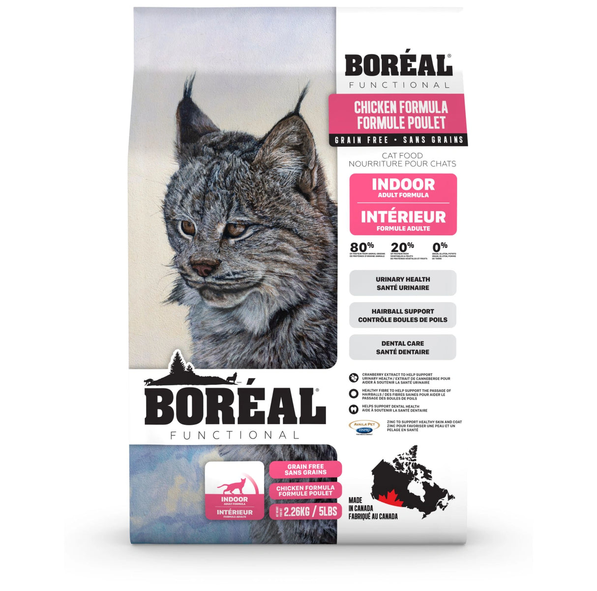 A front view of Boreal Functional Indoor Grain Free Chicken Formula Cat Food on a white background