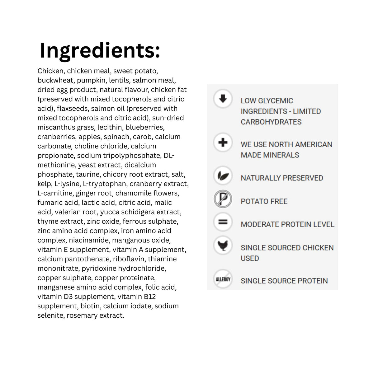 List of Ingredients of Boreal Functional Indoor Grain Free Chicken Formula Cat Food with icons