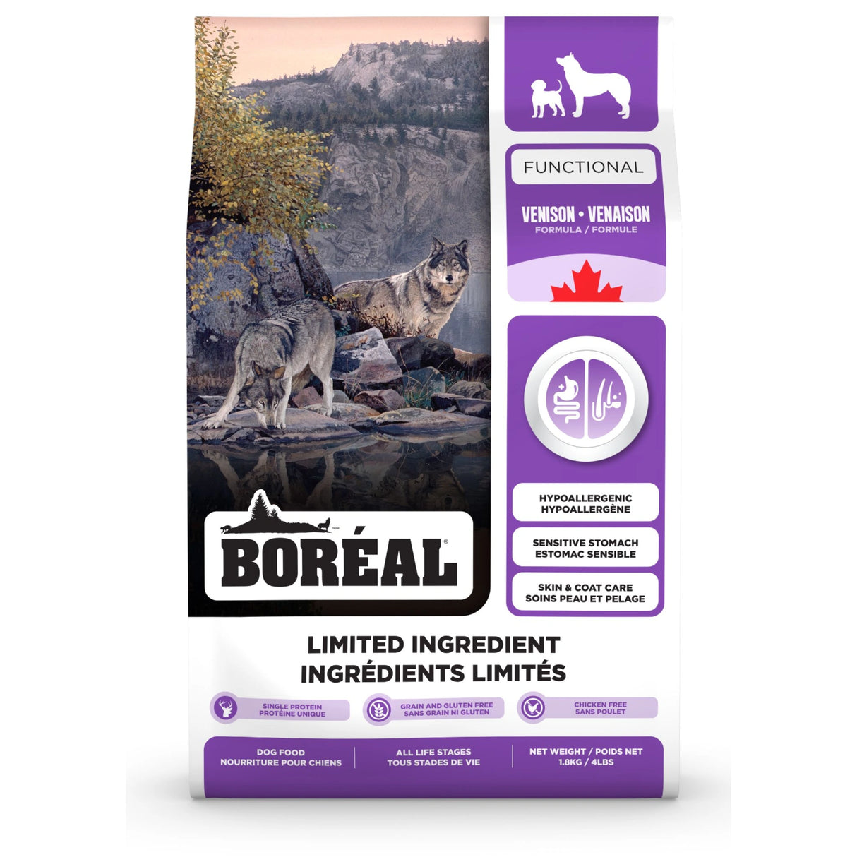 Front part of a bag of Boreal Venison Dog Food on a white background