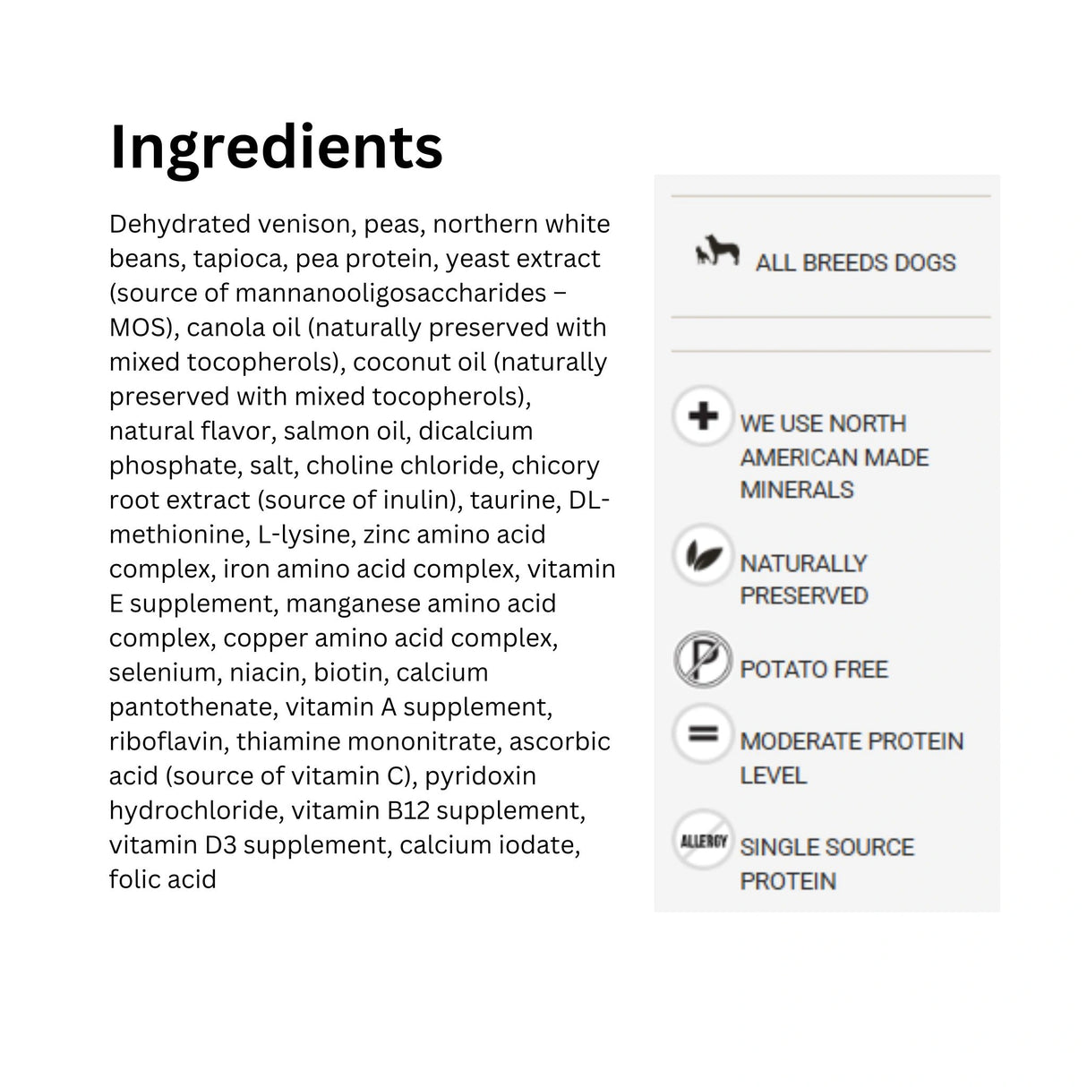 A list of ingredients used in Boreal Venison Dog Food with icons