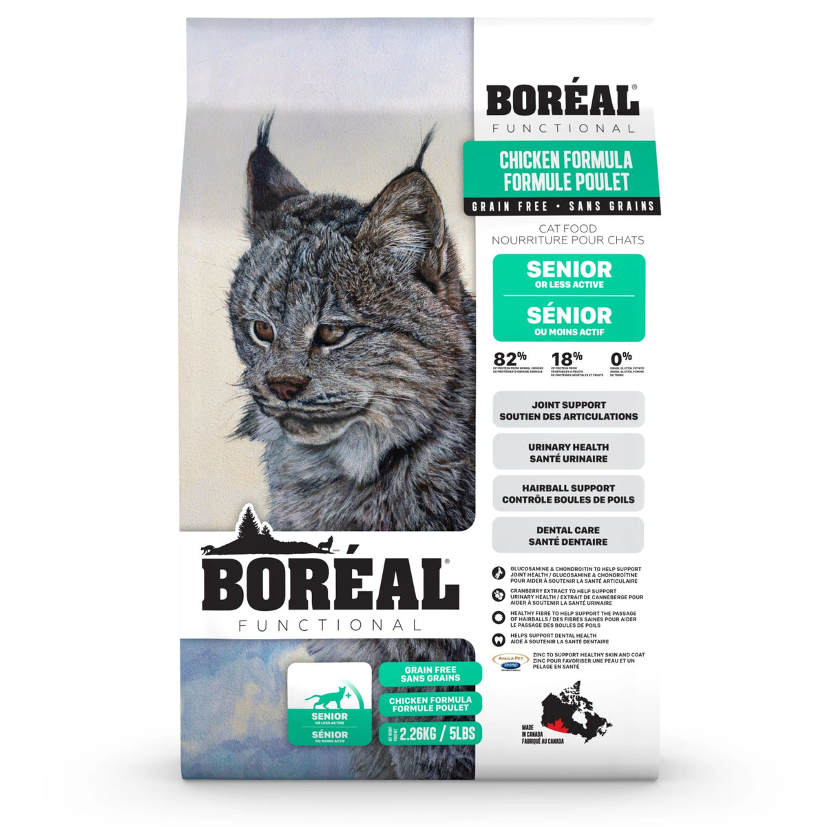 A front view of Boreal Functional Senior Less Active Fresh Meat Grain Free Chicken Cat Food on a white background
