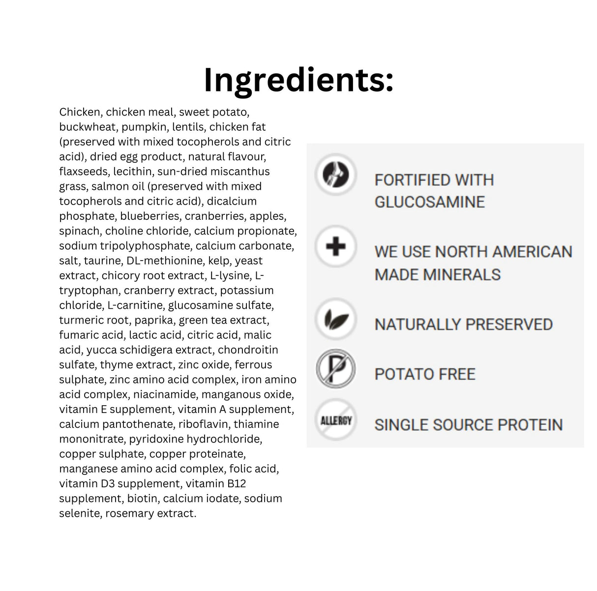 List of Ingredients of Boreal Functional Senior Less Active Fresh Meat Grain Free Chicken Cat Food