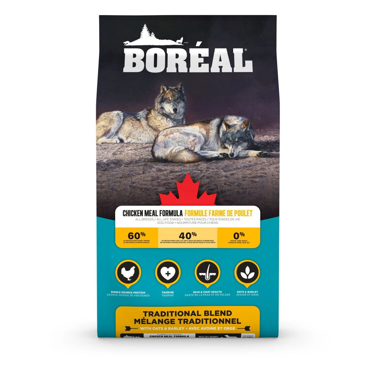 Front part of a bag of Boreal Canadian Chicken dog food on a white background