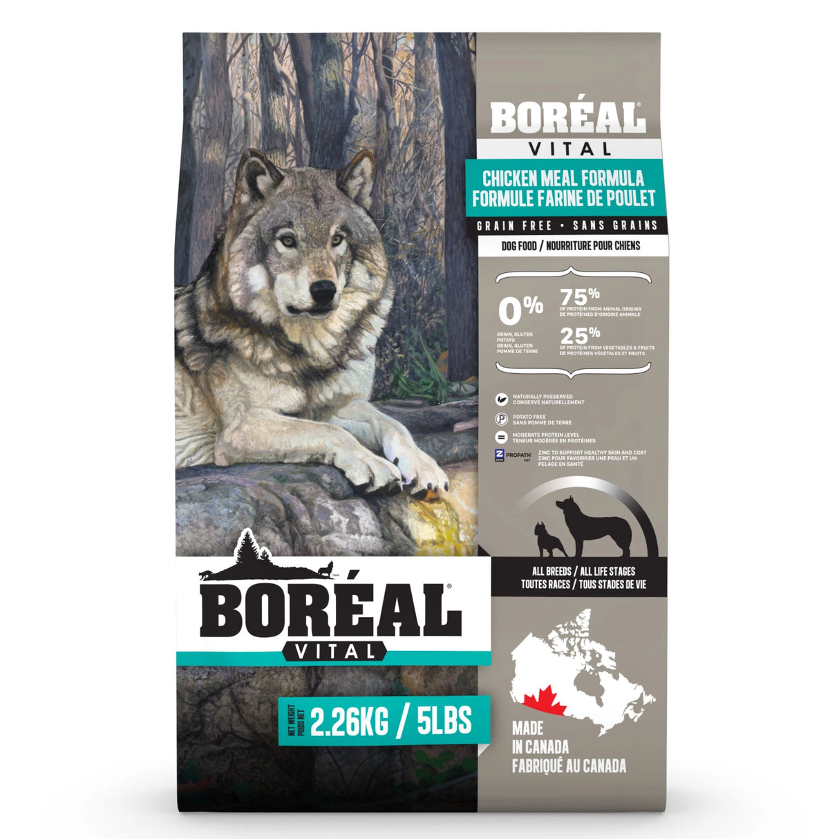 Front part of a bag of Boreal Vital Chicken on a white background