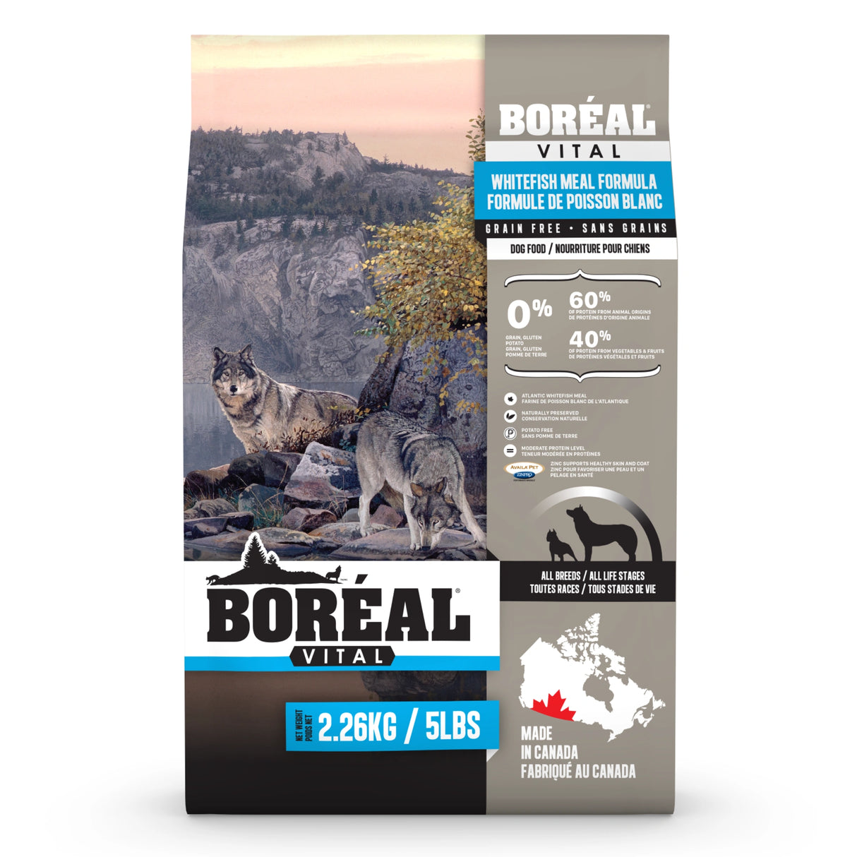 Front part of a bag of Boreal Vital Whitefish on a white background