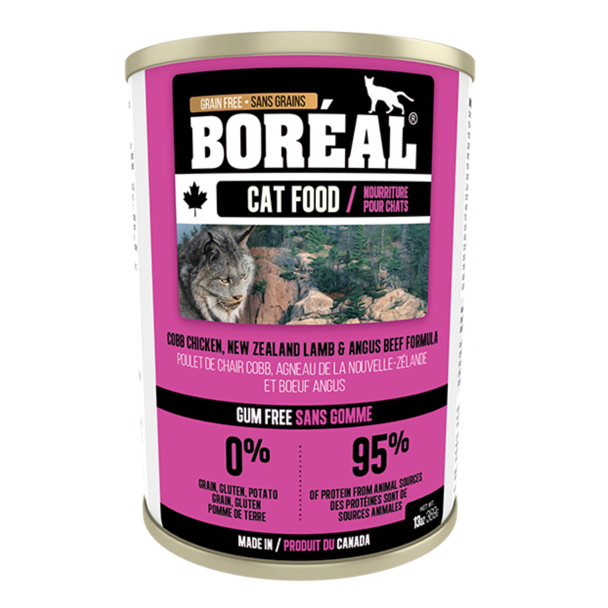 Front view of Boreal chicken lamb beef cat food on a white background