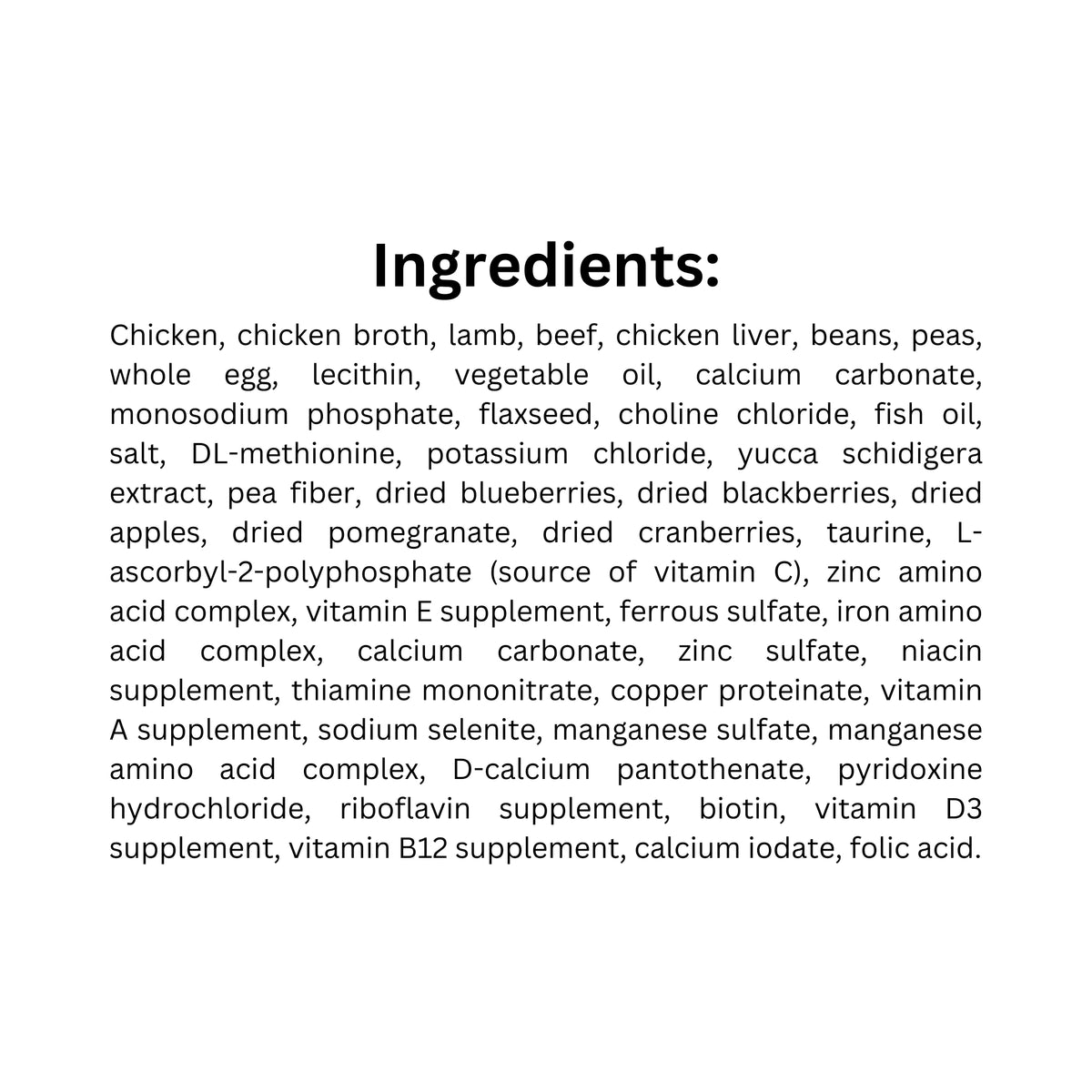 Ingredient listing of Boreal chicken lamb beef cat food