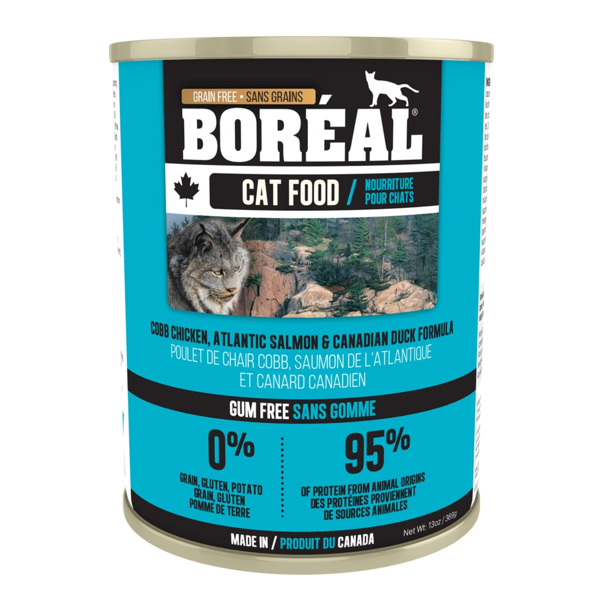 A front view of Boreal Cobb Chicken Atlantic Salmon & Canadian Duck Cat Food on a white background
