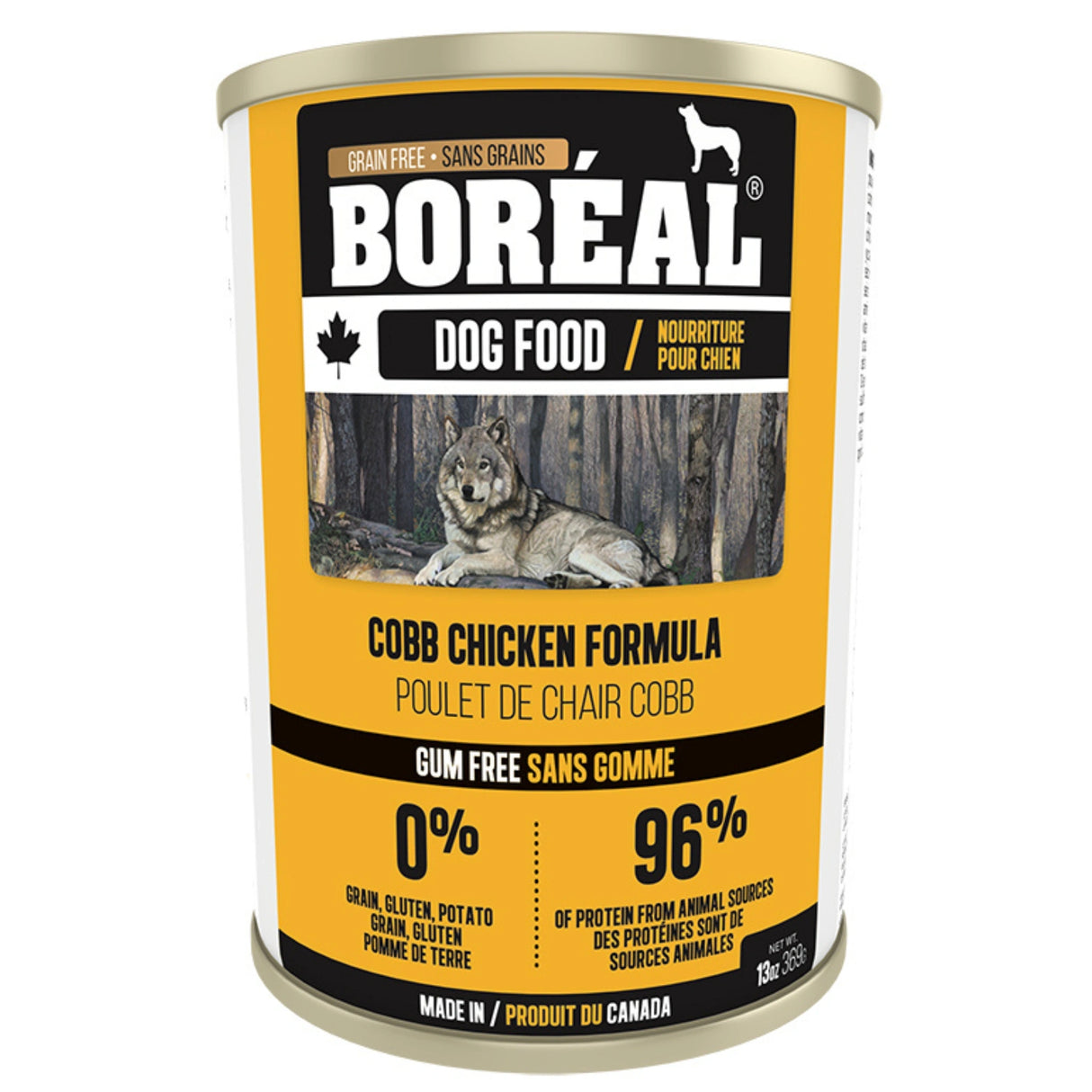 A front view of Boreal Grain Free Cobb Chicken Dog Food on a white background