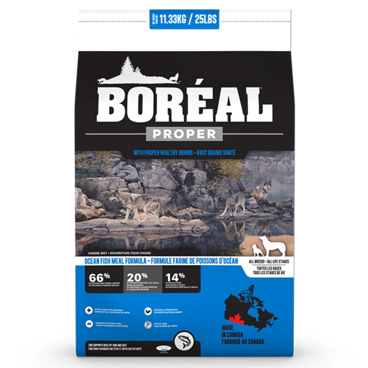 Front view of Boreal Proper All Breed Ocean Fish Dog Food on a white background