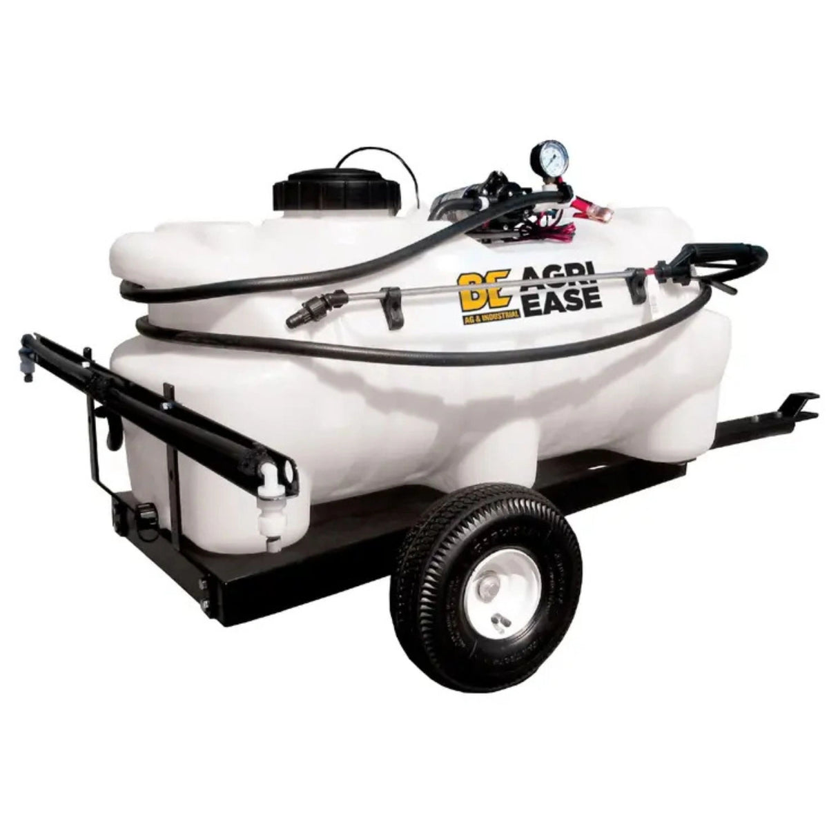 A back side view of ATV Sprayer 15 Gallon Pull Type Boom and Wand on a white background