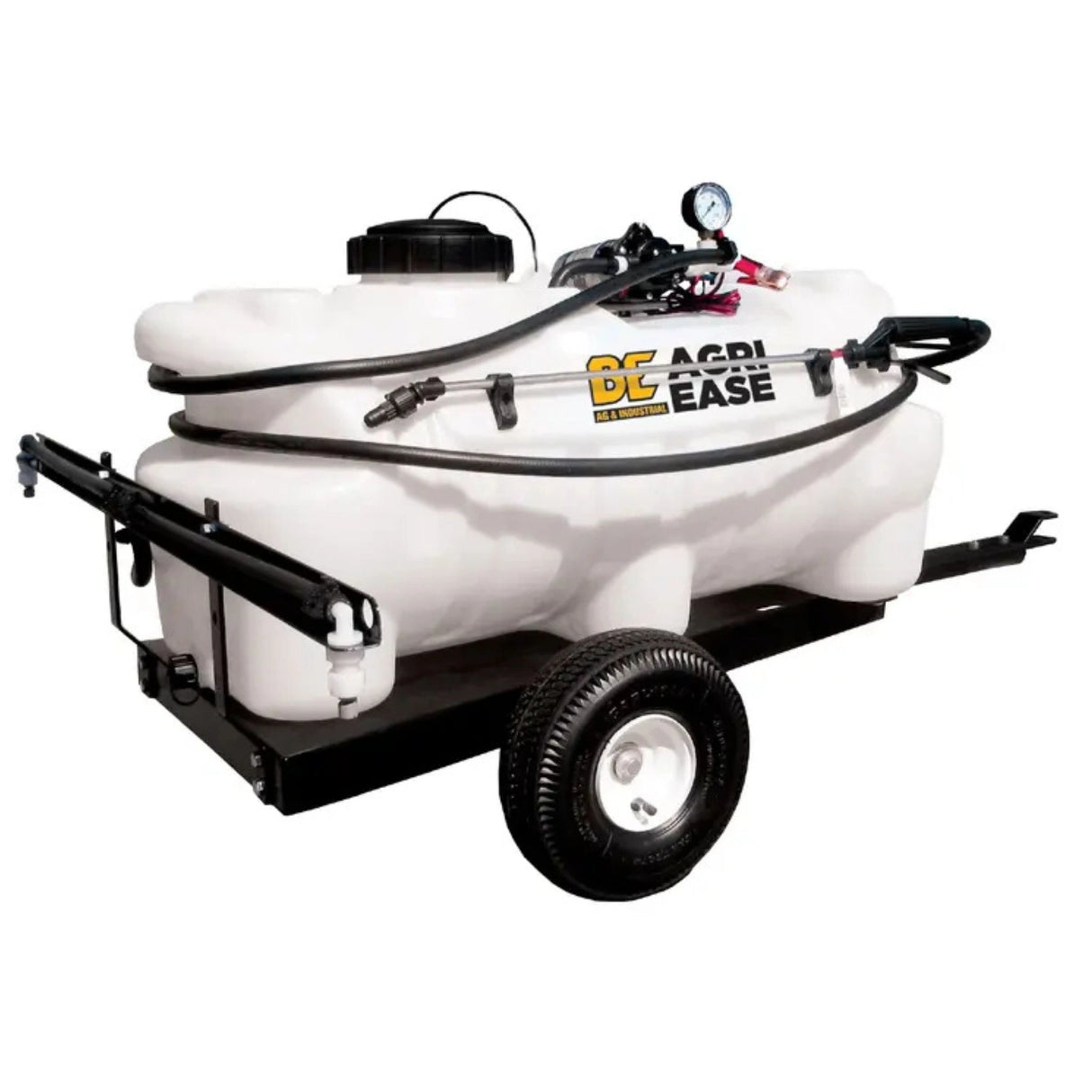 A back side view of ATV Sprayer 25 Gallon Pull Type Boom and Wand on a white background