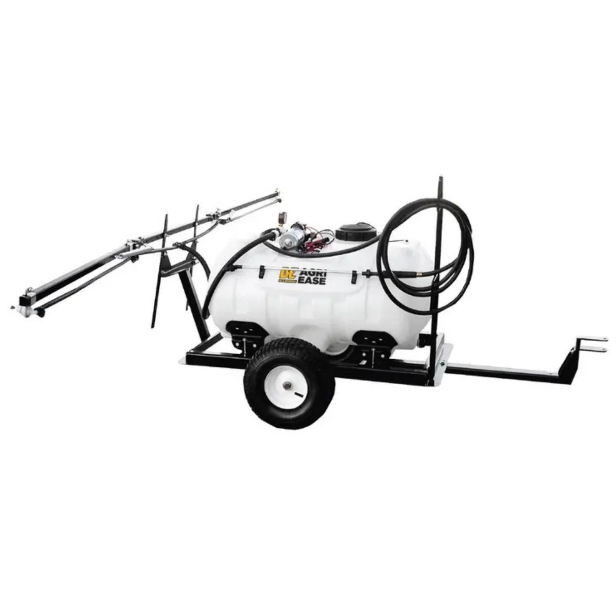 A side view of Braber Equipment Lawn Sprayer 40 Gallon Pull Type Boom and Wand on a white background