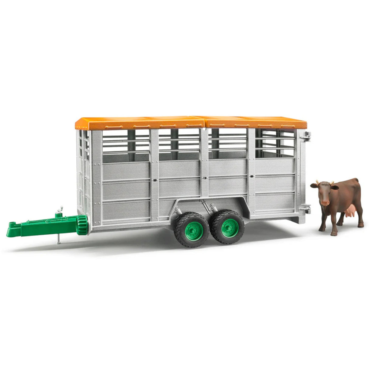 A close-up view of Bruder Livestock Trailer Farm Toy with cow on a white background
