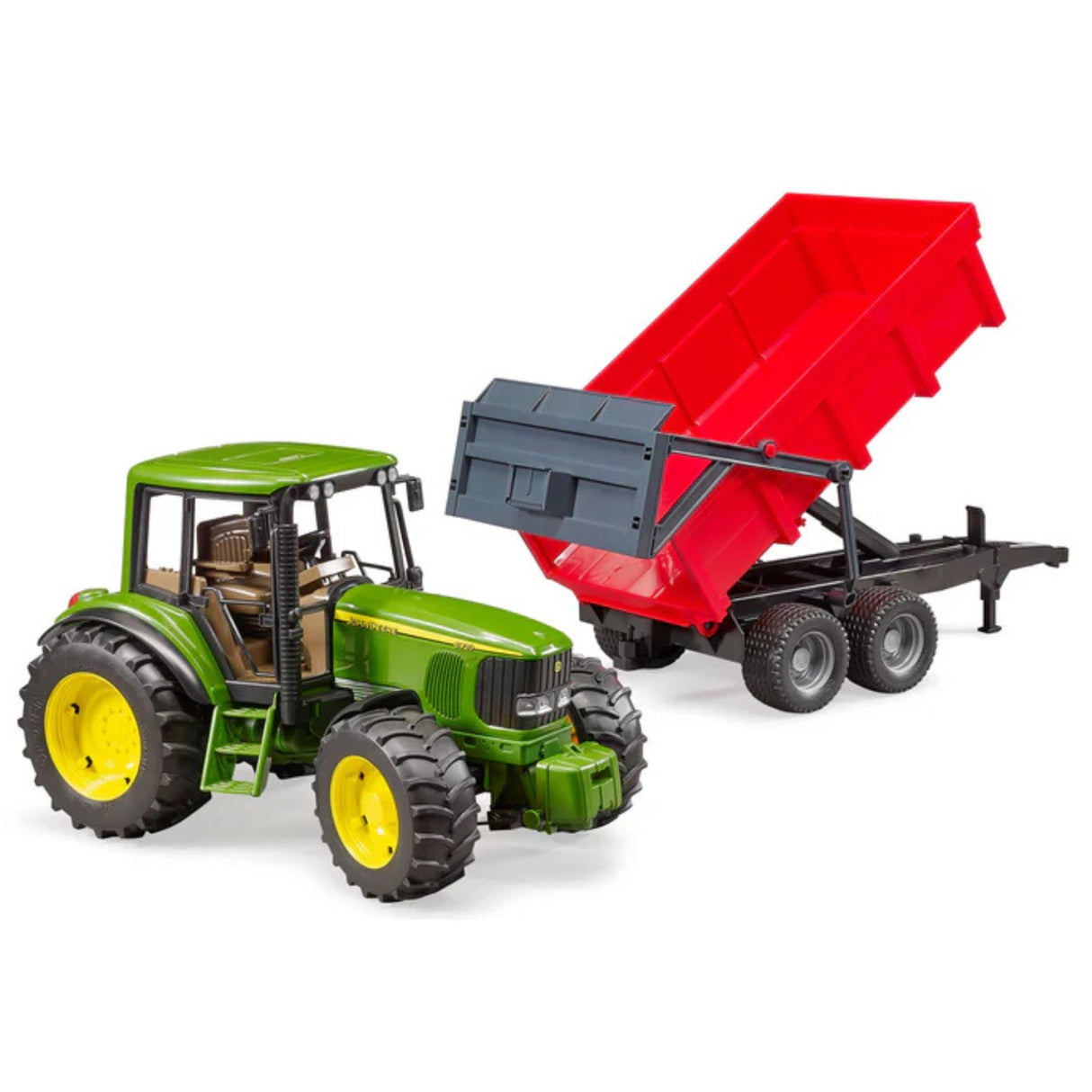 Close-up view of Bruder Tractor with Tipping Trailer John Deere Toy on a white background