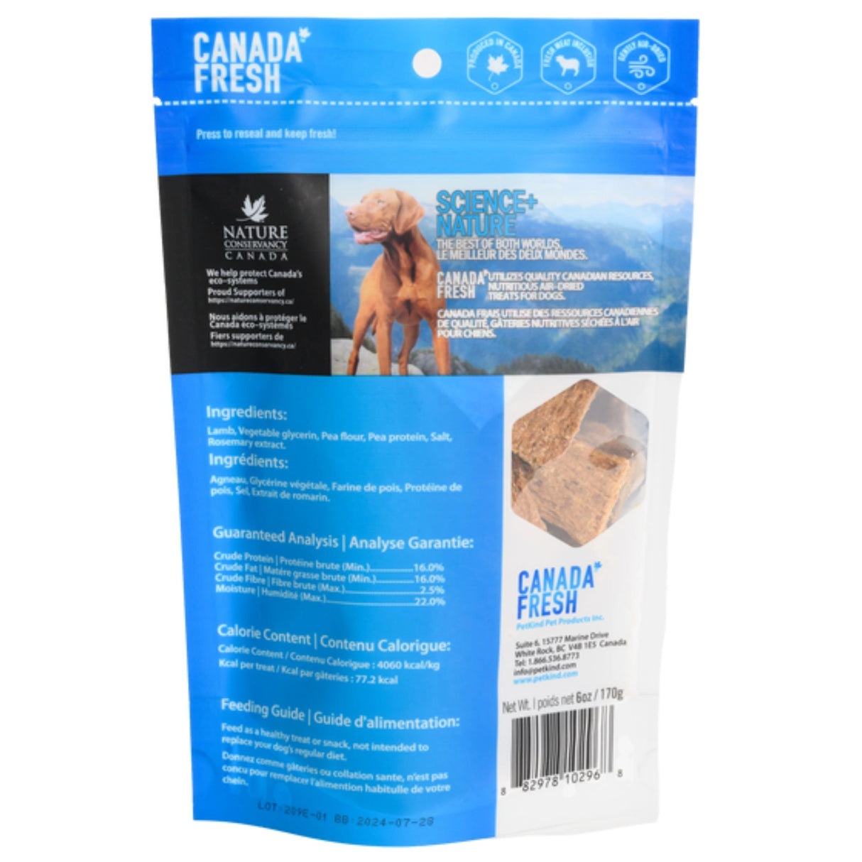 Back view of Canada Fresh Lamb Dog Treats showing packaging details on a white background.