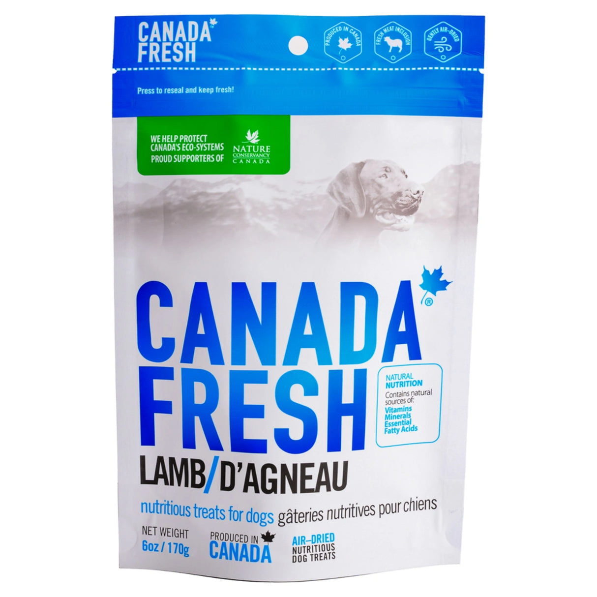 Front view of Canada Fresh Lamb Dog Treats package displayed on a clean white background.