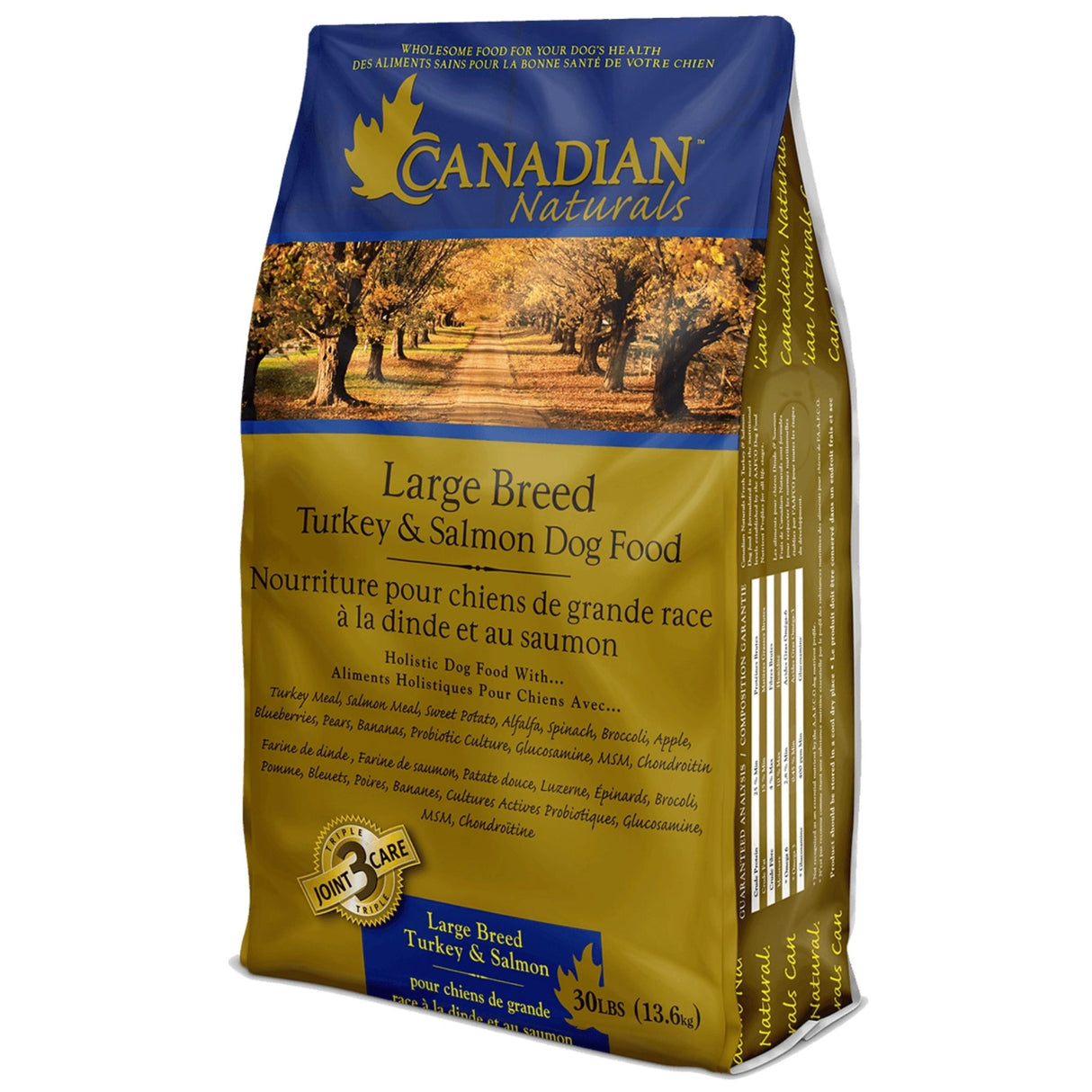 A front view of Canadian Naturals Turkey and Salmon Recipe Dog Food on a white background