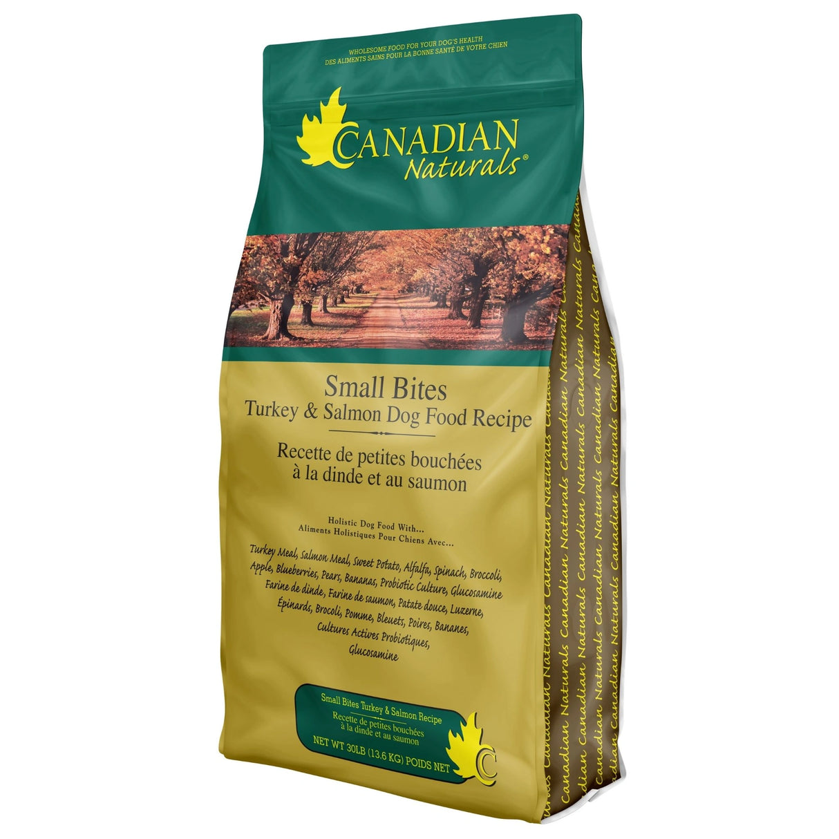 A front view of Canadian Naturals Turkey and Salmon Dog Food on a white background