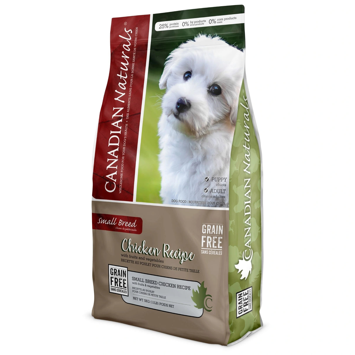 A front view of Canadian Naturals Chicken Recipe Dog Food on a white background