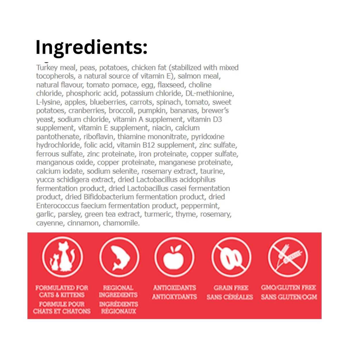 A complete list of ingredients for Canadian Naturals Turkey and Salmon Recipe Cat Food