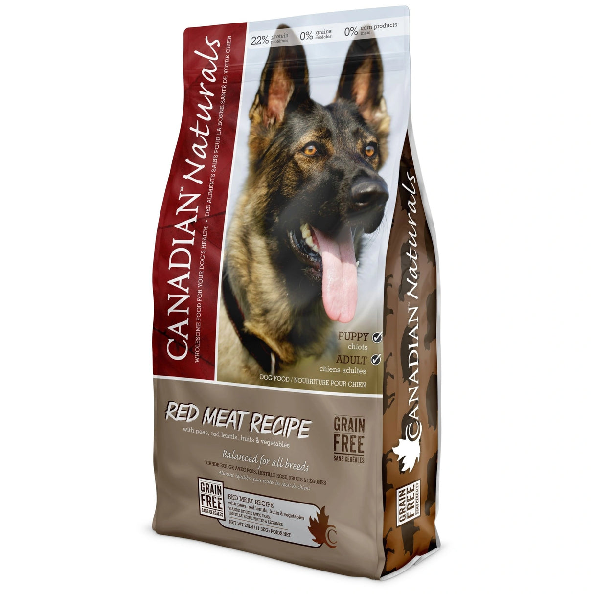 A front view of Canadian Naturals Red Meat Recipe Dog Food on a white background