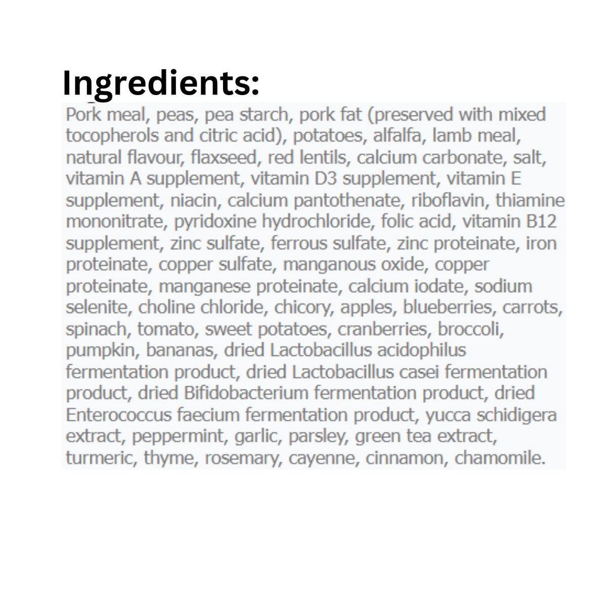 A complete ingredient list of Canadian Naturals Red Meat Recipe Dog Food
