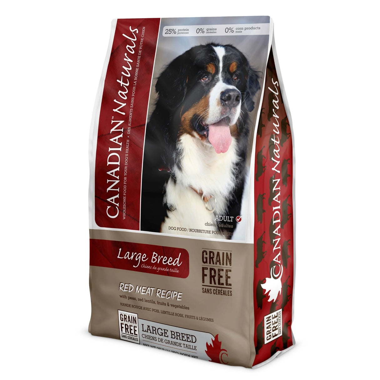 A front view of Canadian Naturals Red Meat Recipe for Large Breed Dog Food on a white background
