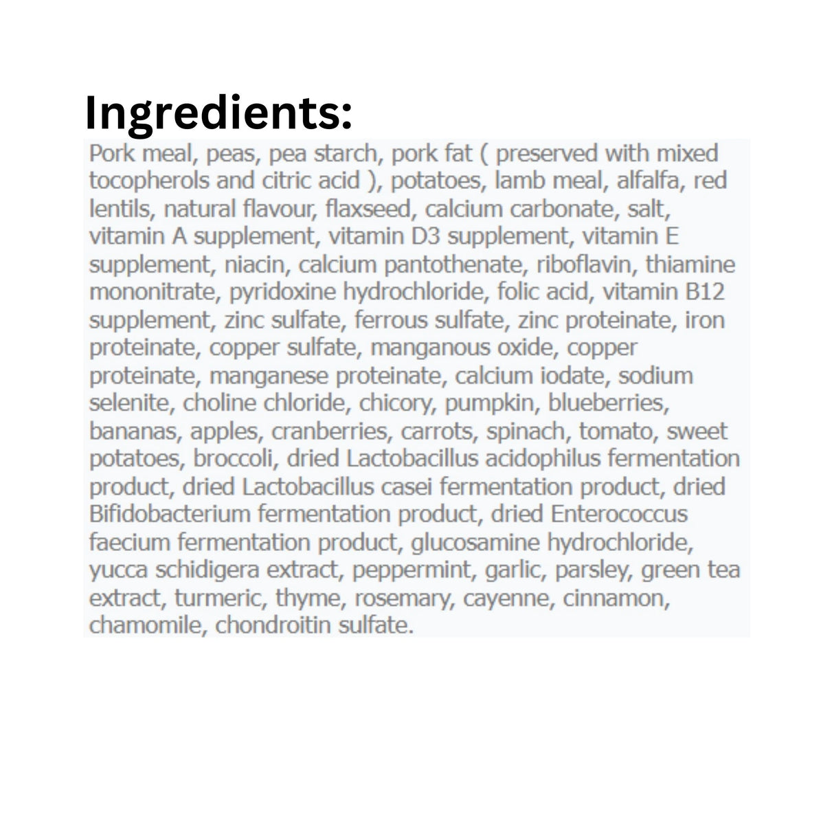 A complete list of ingredients in Canadian Naturals Red Meat Recipe for Large Breed Dog Food