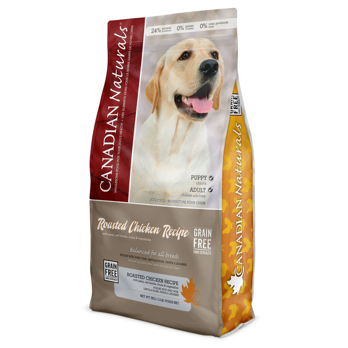 A front view of Canadian Naturals Roasted Chicken Recipe Dog Food on a white background